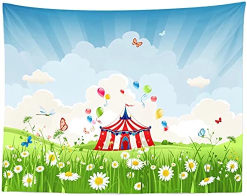 CORFOTO Fabric 9x6ft Circus pozadina fotografija Grassland Flowers Blue Sky Park šator Festival pozadina